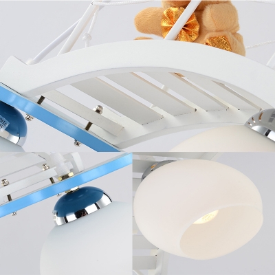 Cute Bridge Bear Pendant Lamp 3 Lights Wood Glass Hanging Lamp in White for Boy Girl Bedroom
