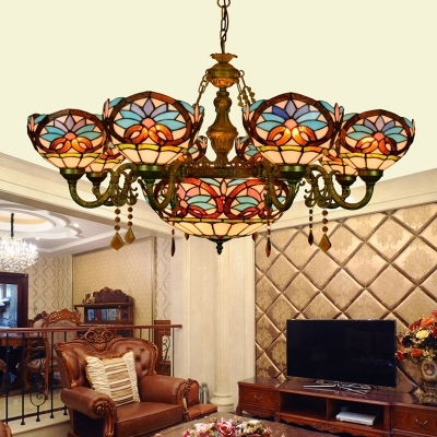 Dome Living Room Chandelier Stained Glass 9 Lights Tiffany Style Victorian Suspension Light with Crystal