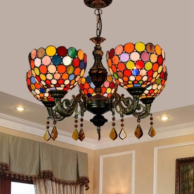 Dome Shade Dining Room Chandelier with Crystal Stained Glass 5 Lights Tiffany Style Hanging Light