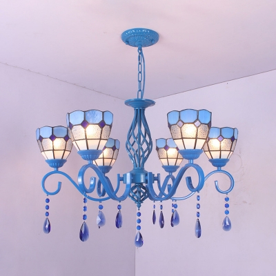 Dome Shade Living Room Chandelier Glass 6/8 Lights Mediterranean Style Pendant Lamp with Crystal in Blue