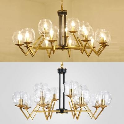 Elegant Style Candle Chandelier Metal Ridged Glass 9/12/15 Heads Gold Pendant Lamp for Living Room