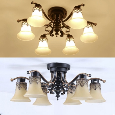 Frosted Glass Bell Shade Light Fixture 3/6/8 Lights Antique Style Semi Flush Ceiling Light in Black for Hotel
