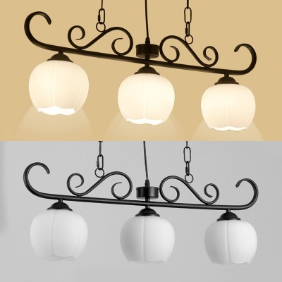 Frosted Glass Melon Island Light Dining Room 3 Lights Traditional Linear Chandelier in Black