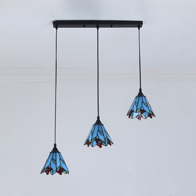 Fruit Cone Shade Pendant Light Tiffany Rustic Glass Hanging Light in Blue for Child Bedroom