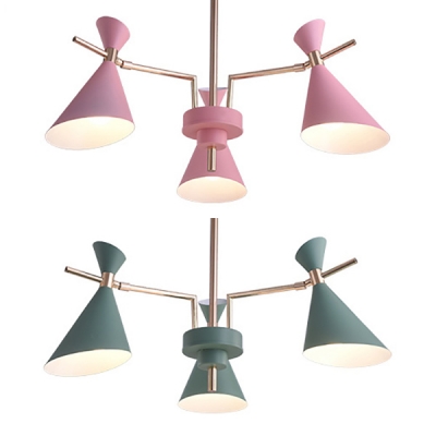 Girl Bedroom Horn Shade Chandelier Metal 3 Lights Nordic Style Macaron Pink/Green Hanging Light