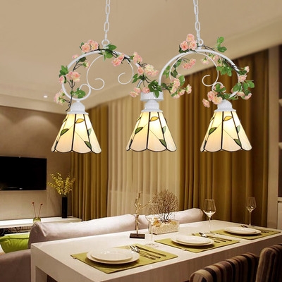 Glass Cone Shade Pendant Lamp Restaurant Hotel 3 Lights Rustic Style Chandelier with/without Flower