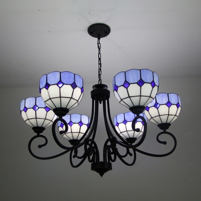 Glass Dome Hanging Lamp 6 Lights Mediterranean Style Chandelier for Living Room Restaurant