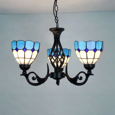 Glass Dome Pendant Lamp 3 Lights Mediterranean Style Chandelier in Blue for Foyer Hallway