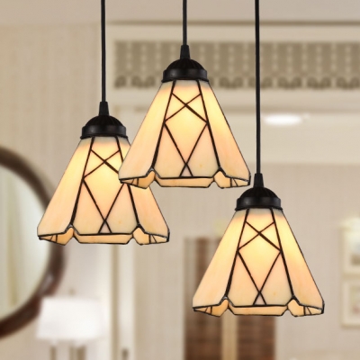 Glass Grid Cone Pendant Lamp 3 Lights Antique Style Suspension Light in Beige for Dining Table
