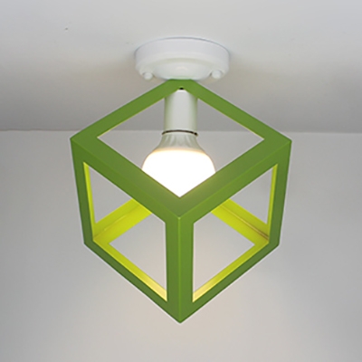 Macaron Cube Shade Flush Ceiling Light Metal 1 Light Blue/Green/Red/Yellow Ceiling Fixture for Balcony