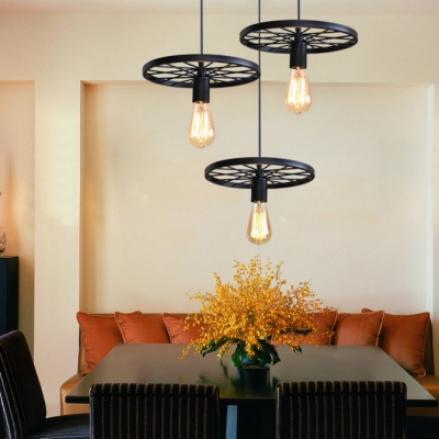 Industrial Open Bulb Pendant Light with Wheel Metal 3 Lights Black Hanging Lamp for Bar