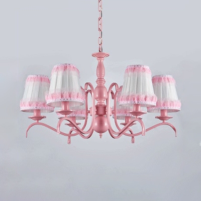 Kid Bedroom Tapered Shade Chandelier with Lace Decoration Metal 3/5/6 Lights Pink Pendant Light