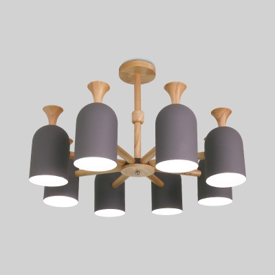 Kids Bedroom Cup Shade Chandelier Wood 3/6/8 Lights Nordic Style Gray/Pink Suspension Light
