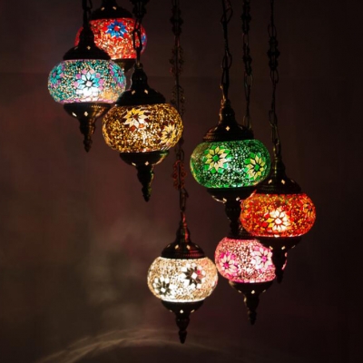 Lantern Shape Restaurant Chandelier Metal Stained Glass 7 Lights Art Deco Pendant Lamp in Brass