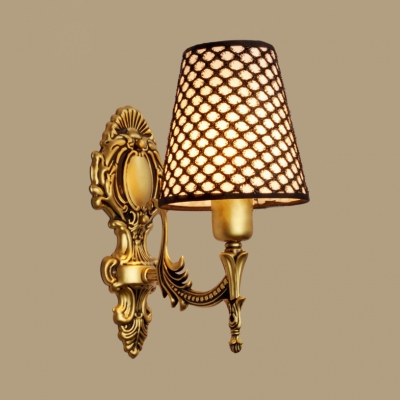 Lattice Tapered Shade Wall Lamp 1/2 Lights Vintage Style Metal Carved Sconce Lamp for Hallway