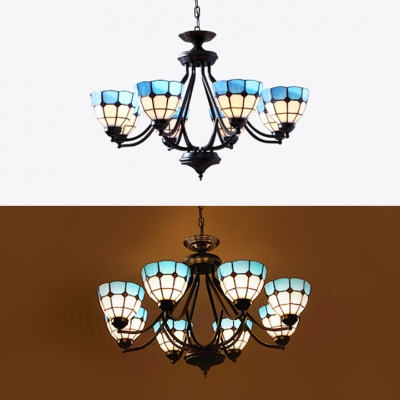 Mediterranean Style Blue Pendant Lamp Dome Shade 6/8 Lights Glass Chandelier for Hotel