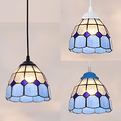 Mediterranean Style Lattice Dome Pendant Light Glass 1 Light Blue Ceiling Light for Bedroom