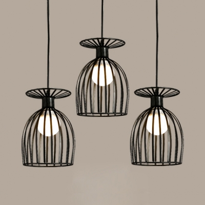 Metal Birdcage Hanging Light 3 Lights Rustic Style Pendant Lamp in Black for Dining Room