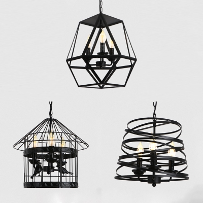 Metal Candle Suspension Light with Cage 3 Lights Colonial Style Pendant Light in Black for Bar