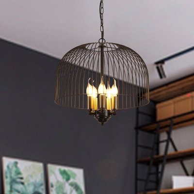 Metal Candle Suspension Light with Dome Cage Dining Room 5 Lights Traditional Chandelier in Black