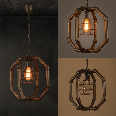 One Light Wire Frame Suspension Light with Pipe Industrial Metal Hanging Light in Aged Brass for Restaurant