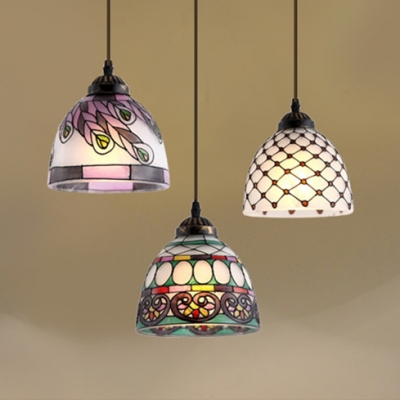 Restaurant Domed Shade Hanging Light Handmade Stained Glass 3 Heads Tiffany Vintage Island Light