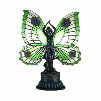 Restaurant Fairy Desk Light with Butterfly Wing Stained Glass Resin Green/Orange Table Light
