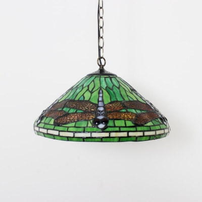 Rustic Dragonfly Hanging Lamp 1 Light Stained Glass 16 Inch Ceiling Pendant in Green for Stair