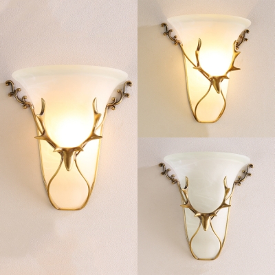 Rustic Style Bell Shade Wall Sconce Frosted Glass 1 Light White Sconce Light with Deer for Bedroom