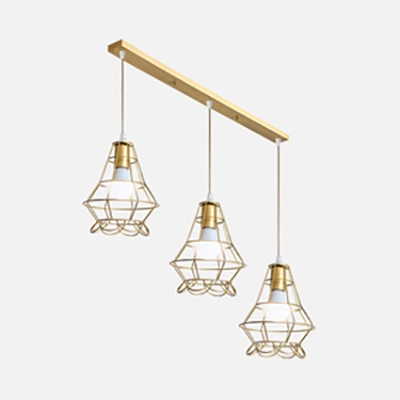 Simple Style Gold Pendant Light with Wire Frame 3 Lights Metal Island Pendant for Cloth Shop