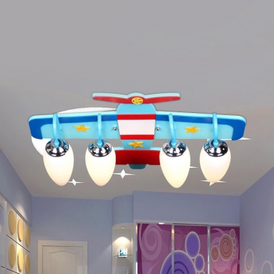 Sky Blue Propeller Airplane Ceiling Lamp Four Lights Modern Milk Glass Ceiling Mount Light for Boy Bedroom