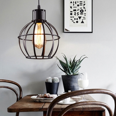 Spherical Wire Frame Restaurant Pendant Lamp Metal 1 Light Industrial Stylish Hanging Light in Black