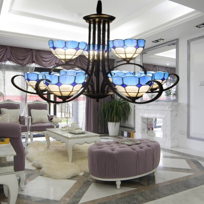 Stained Glass Dome Chandelier Living Room Villa 9 Lights Mediterranean Style Ceiling Light in Blue