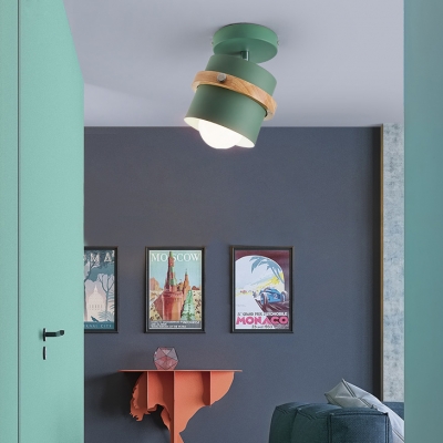 Stair Foyer Drum Semi Flush Mount Light Metal 1 Light Macaron Loft Gray/Green/White Ceiling Lamp