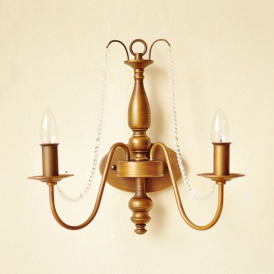 Tapered Shaded/Exposed Sconce Light with Crystal Beads 2 Light Antique Metal Wall Light in Satin Brass for Hotel