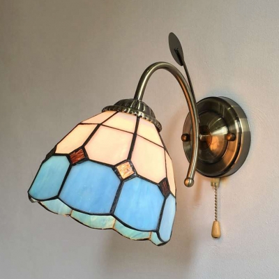 Tiffany Brass Wall Light Cone/Dome 1 Light Stained Glass Wall Sconce with Pull Chain for Bedroom