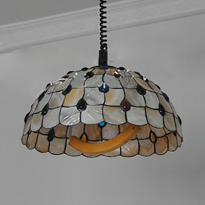 Tiffany Peacock Hanging Light with Colorful Beads 1 Light Shell Pendant Light in Beige for Study Room