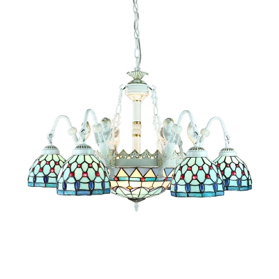 Tiffany Style Blue Chandelier Cone/Dome 9 Lights Glass Metal Hanging Light with Mermaid for Hotel