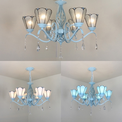 Tiffany Style Cone Chandelier with Crystal Blue/Clear/White Glass 6 Lights Hanging Lamp for Dining Room