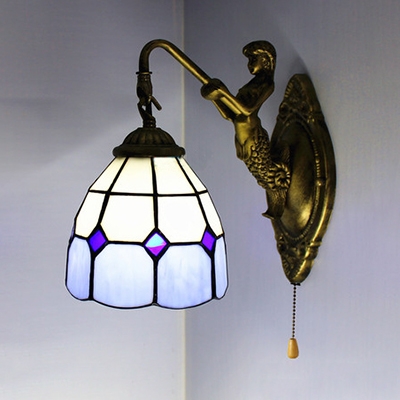 Tiffany Style Dome Sconce Light with Mermaid & Pull Chain 1 Light Glass Wall Light for Foyer