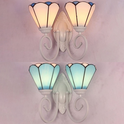 Tiffany Style Sconce Light Cone Shade 2 Lights Blue/White Glass Wall Lamp for Bedroom Stair