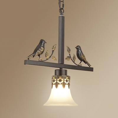 Traditional Bell Shade Pendant Lamp Frosted Glass 1 Light White Suspension Light with Bird Decoration for Bedroom