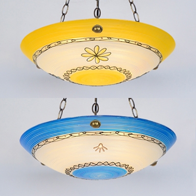 Traditional Bowl Shade Chandelier 5 Lights Glass Suspension Light in Blue/Yellow for Dining Room
