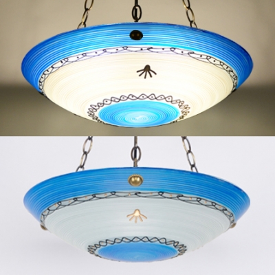 Traditional Bowl Shade Chandelier 5 Lights Glass Suspension Light in Blue/Yellow for Dining Room