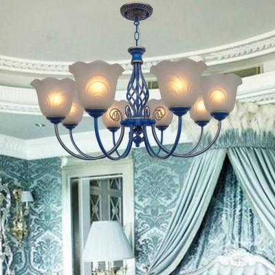 Traditional Flower Pendant Light Frosted Glass 3/5/6/8 Lights Blue Chandelier for Bedroom