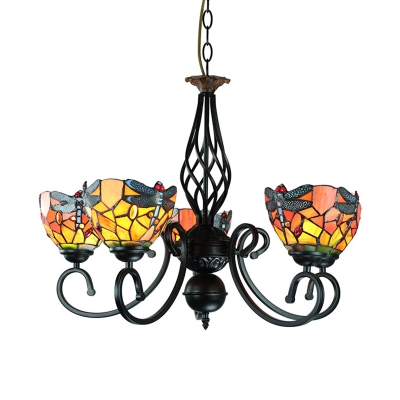 Villa Hotel Dragonfly Pendant Light Stained Glass 5 Lights Tiffany Style Rustic Chandelier