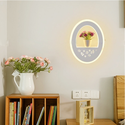 White Oval LED Sconce Light with Vase Contemporary Acrylic Wall Lamp in Warm for Living Room
