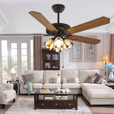 Wood 4 Blade LED Ceiling Fan 4 Heads 42/48 Inch Vintage Semi Flush Mount Light in Brown for Living Room