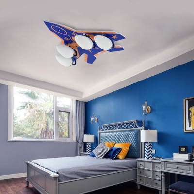 Wood Airplane Semi Flush Mount Light American Style Ceiling Lamp in Blue/Red for Boy Bedroom