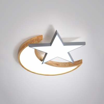 Wood LED Flush Light with Moon and Star Nordic Style Gray/White Ceiling Fixture for Amusement Park
